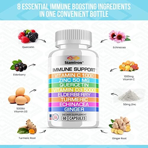 Suplemento Inmunológico 8 en 1 con Quercetina, Zinc 50mg, Vitamina C 1000mg, Vitamina D3 5000 IU, Saúco, Equinácea y Jengibre para Adultos y Niños - - imagen 2