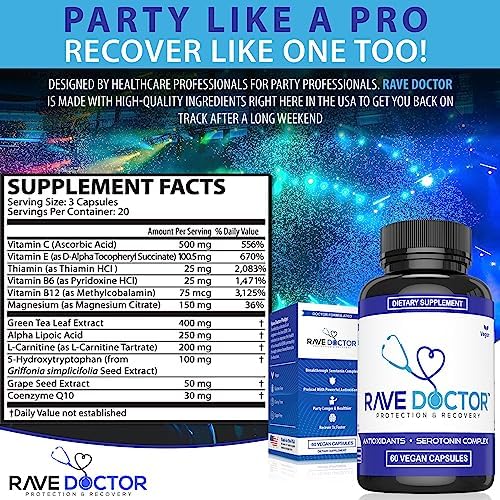 Suplemento Rave Doctor 5 HTP - Vitaminas Esenciales para Rave, Accesorios para Festivales, Esenciales para Festivales y Más - imagen 5
