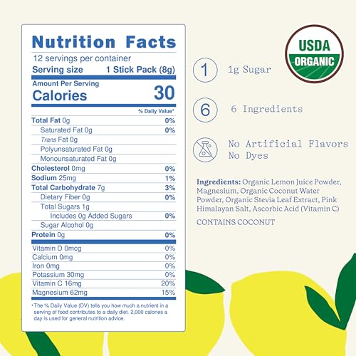 GOODONYA Mezcla de Bebida Electrolítica Orgánica, Polvo Hidratante Certificado, Sin OGM, Libre de Glifosato, Bajo en Azúcar, Sabor Limón, 12 Paquetes - imagen 2