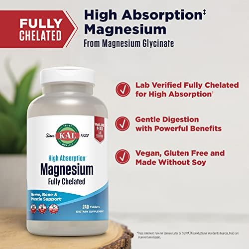 Tabletas de Magnesio Glicinato KAL, Fórmula de Alta Absorción, Chelato de Bisglicinato, Apoyo para Nervios, Músculos y Huesos, Veganas, Sin Gluten, - imagen 4