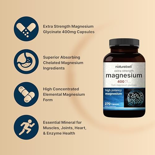 NatureBell Magnesio Glicinato 400mg Elementales, 270 Cápsulas | 100% Quelado para Alta Absorción | Apoya la Salud Muscular, Ósea y Cardiaca | Sin - imagen 3
