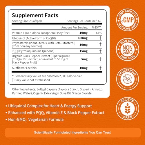 Suplemento Vitarevive CoQ10 600mg en Softgels Ubiquinol con PQQ y Vitamina E, Alta Absorción, Vegano, 120 Cápsulas para Energía Celular y Salud - imagen 2