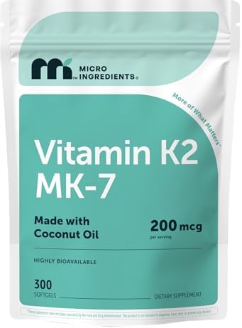 Micro Ingredients Suplemento de Vitamina K2 MK-7 200 mcg por Porción, 300 Gelatinas de Aceite de Coco | No Transgénico - imagen 1