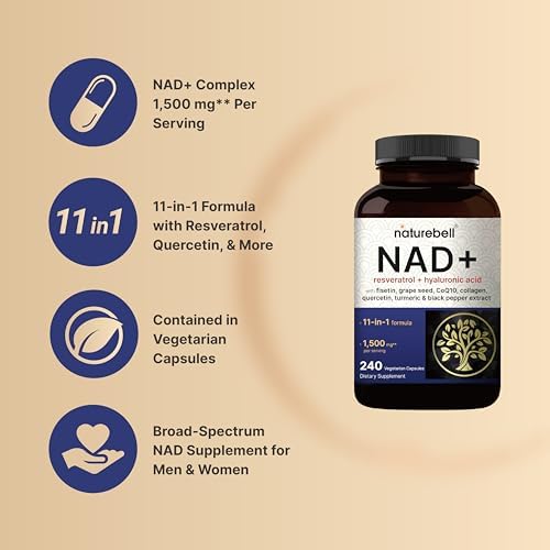 NatureBell Complejo NAD+ 11 en 1 de 1,500 mg por porción, 240 cápsulas vegetales | Suplemento NMN alternativo | NAD con Resveratrol, CoQ10, Ácido - imagen 3