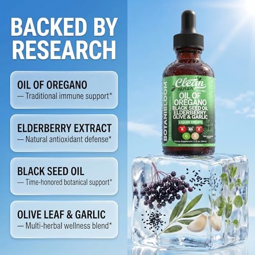 Gotas de Aceite de Orégano Clean Nutra con Aceite de Semilla Negra, Saúco, Vitamina D3 K2, Ajo y Zinc, Suplemento Líquido Vegano de 2 Fl Oz - imagen 3