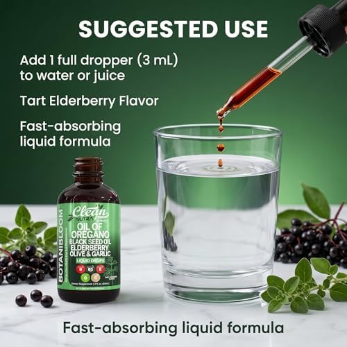 Gotas de Aceite de Orégano Clean Nutra con Aceite de Semilla Negra, Saúco, Vitamina D3 K2, Ajo y Zinc, Suplemento Líquido Vegano de 2 Fl Oz - imagen 6