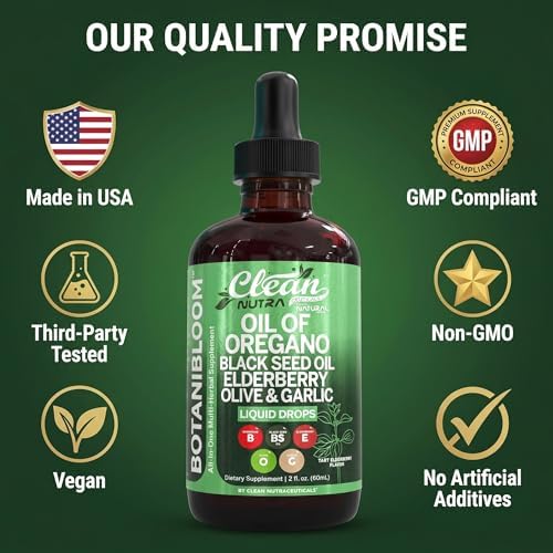 Gotas de Aceite de Orégano Clean Nutra con Aceite de Semilla Negra, Saúco, Vitamina D3 K2, Ajo y Zinc, Suplemento Líquido Vegano de 2 Fl Oz - imagen 8