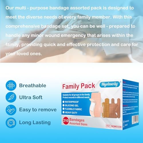 Hysimedy Paquete Variado de 210 Curitas Adhesivas de Tela Flexible, Impermeables y Hipoalergénicas para Cuidado de Heridas Sensibles - imagen 4