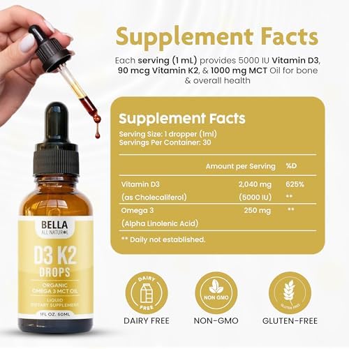 Gotas Líquidas de Vitamina D3 K2 Bella 5000 IU (Sin Sabor) - Omega 3 con Aceite MCT - Gotas de Vitamina D para Adultos que Apoyan la Salud del - imagen 2