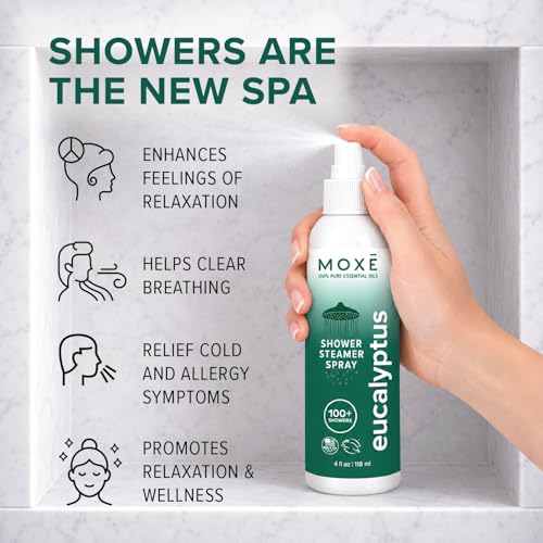 Bruma de Ducha de Aceite de Eucalipto MOXĒ, Spray de Vapor Spa, 100% Aceites Esenciales Naturales, Hecho en EE. UU., Aromaterapia, Alivio de - imagen 2