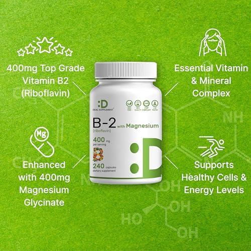 SUPLEMENTO DEAL Vitamina B2 400mg (Riboflavina) con Magnesio Glicinato 400mg, 240 Cápsulas – Apoyo 2 en 1 para Sistema Nervioso, Ánimo y Energía - imagen 4