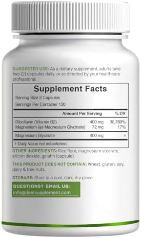 SUPLEMENTO DEAL Vitamina B2 400mg (Riboflavina) con Magnesio Glicinato 400mg, 240 Cápsulas – Apoyo 2 en 1 para Sistema Nervioso, Ánimo y Energía - imagen 6
