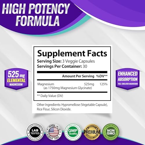 Suplemento de Magnesio Glicinato 525mg - Alta Absorción, Vegano y No GMO, 90 Cápsulas para Músculos, Sueño, Calambres y Recuperación - imagen 2