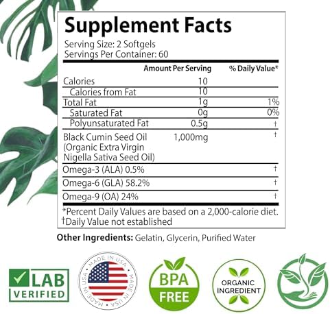 Cápsulas de Aceite de Semilla Negra 1000mg, Orgánico Prensado en Frío, Alta TQ, Soporte Inmunológico y Articular, 120 Contenidos (Suministro para 2 - imagen 4