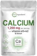 Calcio 1,200mg con Vitamina D3 y K2, 300 Tabletas | Suplementos de Calcio para Hombres y Mujeres | Apoyo Mineral para Huesos, Dientes, Colon y Salud - imagen 1