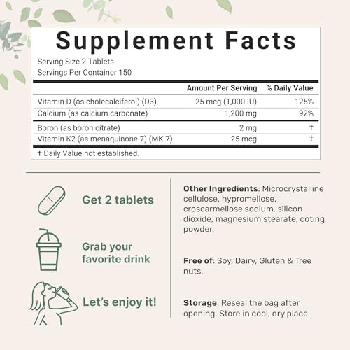 Calcio 1,200mg con Vitamina D3 y K2, 300 Tabletas | Suplementos de Calcio para Hombres y Mujeres | Apoyo Mineral para Huesos, Dientes, Colon y Salud - imagen 2