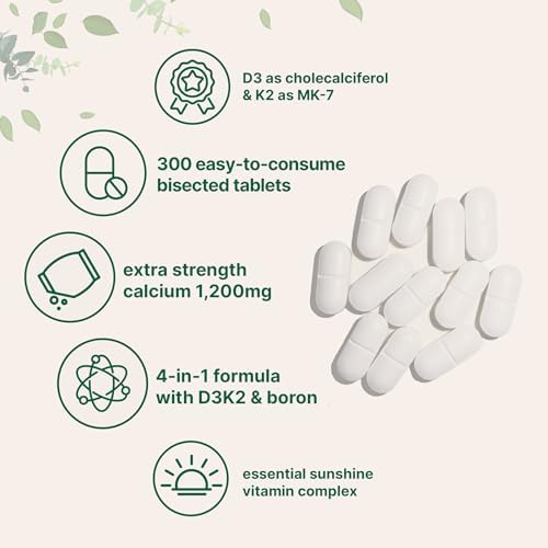 Calcio 1,200mg con Vitamina D3 y K2, 300 Tabletas | Suplementos de Calcio para Hombres y Mujeres | Apoyo Mineral para Huesos, Dientes, Colon y Salud - imagen 3