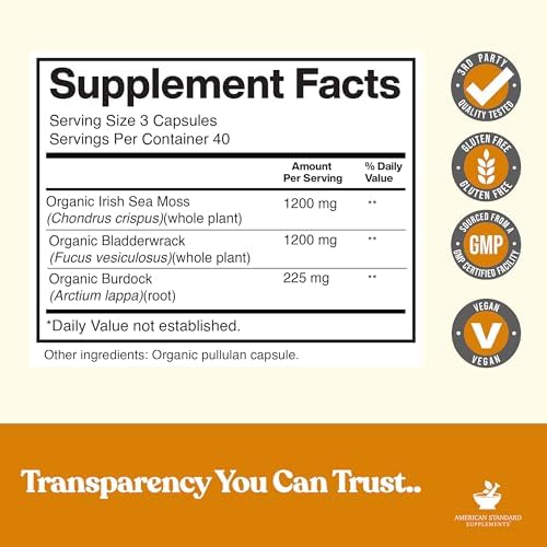 Suplementos American Standard Organic Sea Moss, Cápsulas de Bladderwrack y Raíz de Bardana - 1200mg Seamoss, 1200mg Bladderwrack, 225mg Raíz de - imagen 3