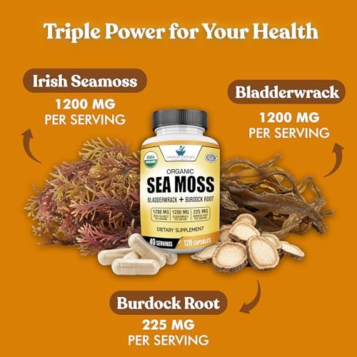 Suplementos American Standard Organic Sea Moss, Cápsulas de Bladderwrack y Raíz de Bardana - 1200mg Seamoss, 1200mg Bladderwrack, 225mg Raíz de - imagen 4