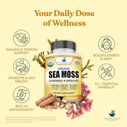 Suplementos American Standard Organic Sea Moss, Cápsulas de Bladderwrack y Raíz de Bardana - 1200mg Seamoss, 1200mg Bladderwrack, 225mg Raíz de - imagen 5