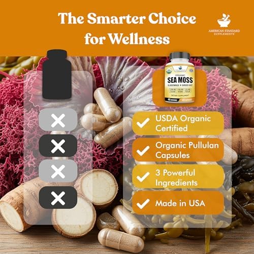 Suplementos American Standard Organic Sea Moss, Cápsulas de Bladderwrack y Raíz de Bardana - 1200mg Seamoss, 1200mg Bladderwrack, 225mg Raíz de - imagen 6