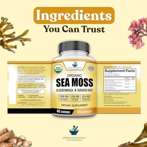 Suplementos American Standard Organic Sea Moss, Cápsulas de Bladderwrack y Raíz de Bardana - 1200mg Seamoss, 1200mg Bladderwrack, 225mg Raíz de - imagen 8
