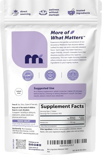 Melatonina Micro Ingredients 20mg, 400 Tabletas | Sabor Fresa | Disolución Rápida | 100% Libre de Medicamentos | Vegetariano | Sin Gluten, Sin Azúcar - imagen 7