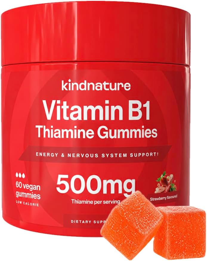 Gomitas de Vitamina B1 Kindnature 500mg – Suplemento Vegano de Tiamina para Energía y Enfoque – Sabor Natural a Fresa – 60 Unidades - imagen 1