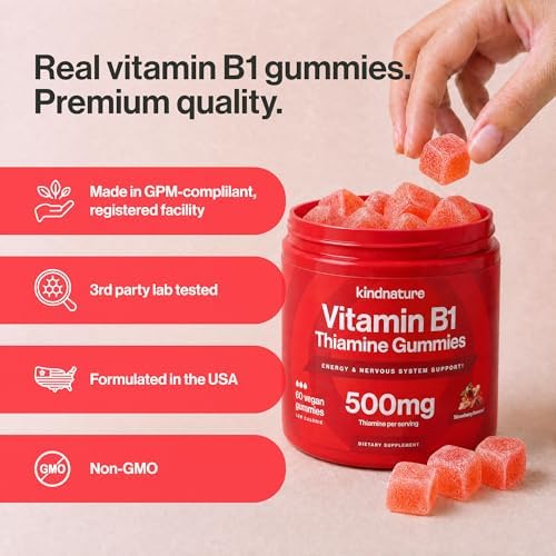 Gomitas de Vitamina B1 Kindnature 500mg – Suplemento Vegano de Tiamina para Energía y Enfoque – Sabor Natural a Fresa – 60 Unidades - imagen 8