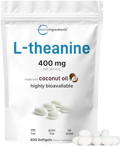 Micro Ingredients L-Theanine 400mg, 400 Cápsulas Blandas | Alta Biodisponibilidad con Aceite de Coco | Suplemento de Relajación y Enfoque | Sin OGM, - imagen 1