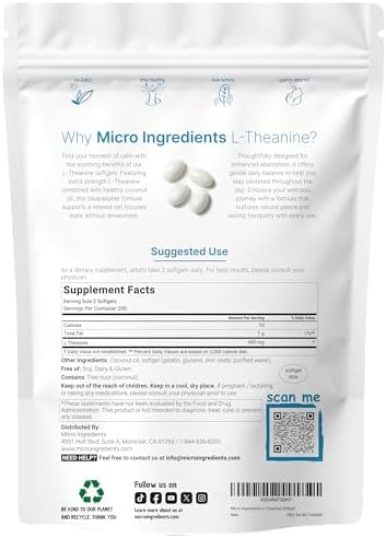 Micro Ingredients L-Theanine 400mg, 400 Cápsulas Blandas | Alta Biodisponibilidad con Aceite de Coco | Suplemento de Relajación y Enfoque | Sin OGM, - imagen 2