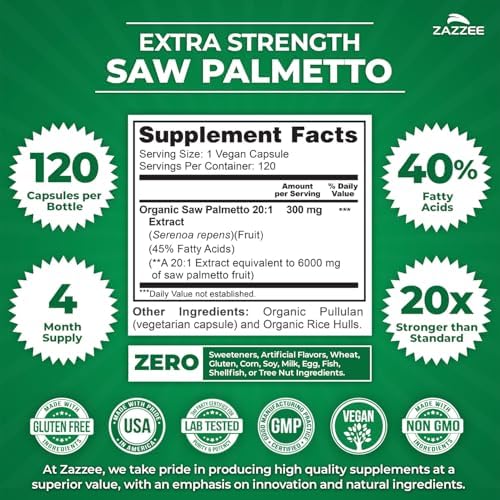 Zazzee Extracto de Palma Enana 20:1, 40% Ácidos Grasos, 120 Cápsulas Veganas, Suplemento Herbal para la Salud Masculina, Sin OGM, Hecho en EE. UU. - imagen 2