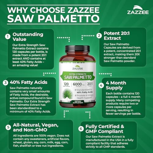 Zazzee Extracto de Palma Enana 20:1, 40% Ácidos Grasos, 120 Cápsulas Veganas, Suplemento Herbal para la Salud Masculina, Sin OGM, Hecho en EE. UU. - imagen 5