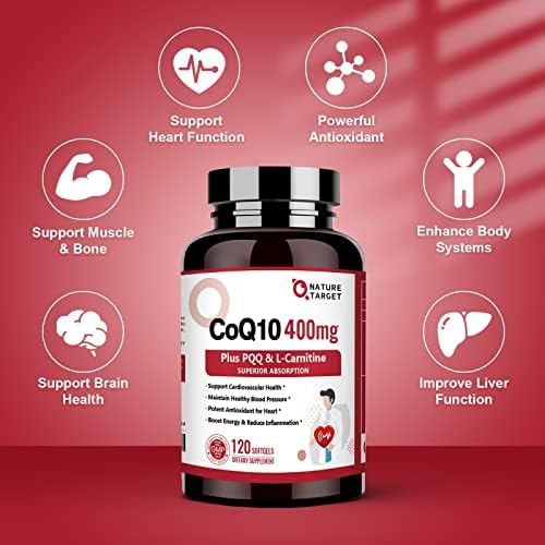 NATURE TARGET CoQ10 400mg con PQQ, Omega-3 y L-Carnitina, Alta Absorción de Coenzima Q10 con BioPerine, Apoya Corazón, Cerebro, Inmunidad y Energía, - imagen 3