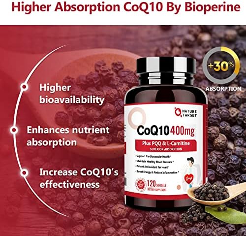 NATURE TARGET CoQ10 400mg con PQQ, Omega-3 y L-Carnitina, Alta Absorción de Coenzima Q10 con BioPerine, Apoya Corazón, Cerebro, Inmunidad y Energía, - imagen 5