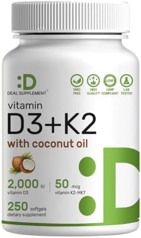 Suplemento DEAL Vitamina D3 2,000 UI + K2 MK7 50mcg en Softgels | Complejo 2 en 1 con Aceite de Coco Virgen | Apoya Salud del Corazón, Huesos, - imagen 1