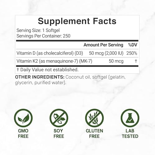 Suplemento DEAL Vitamina D3 2,000 UI + K2 MK7 50mcg en Softgels | Complejo 2 en 1 con Aceite de Coco Virgen | Apoya Salud del Corazón, Huesos, - imagen 2