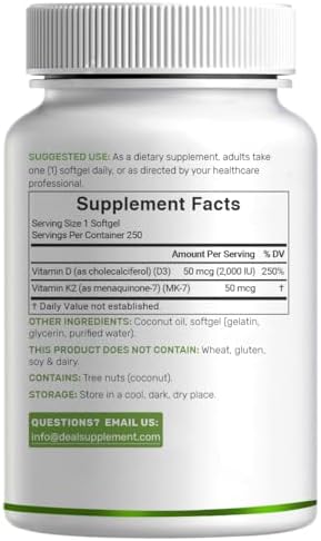Suplemento DEAL Vitamina D3 2,000 UI + K2 MK7 50mcg en Softgels | Complejo 2 en 1 con Aceite de Coco Virgen | Apoya Salud del Corazón, Huesos, - imagen 7