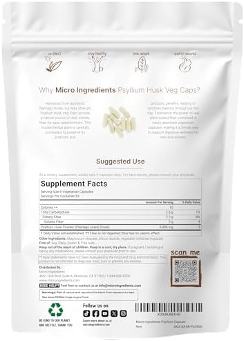 Cápsulas de Psyllium Micro Ingredients 3000mg, 500 Veg Caps | Suplemento de Fibra Soluble para la Salud Digestiva | Prebióticos y Probióticos - imagen 2