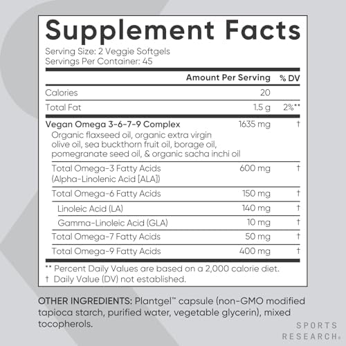 Sports Research® Omega 3-6-7-9 Vegano - 1200 mg de Ácidos Grasos Omega Multi-Espectro con Aceite de Espino Marino y Borraja - 90 Cápsulas Veganas - imagen 5