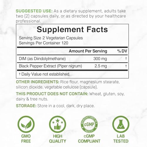 Suplemento DIM 300mg con Pimienta Negra, 240 Cápsulas Vegetarianas, Suministro para 4 Meses | Suplemento 2 en 1 para Hombres y Mujeres | - imagen 4
