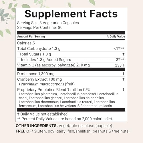 D-Mannosa Pura 1,300mg con Arándano y Probióticos, 240 Cápsulas Veganas | Salud del Tracto Urinario Femenino | Mezcla de 1 Millón de CFU de - imagen 2