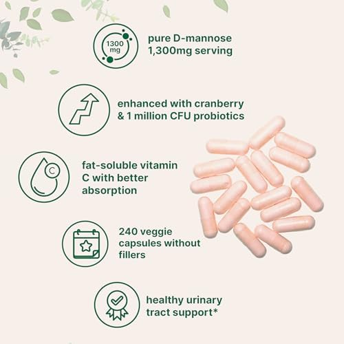 D-Mannosa Pura 1,300mg con Arándano y Probióticos, 240 Cápsulas Veganas | Salud del Tracto Urinario Femenino | Mezcla de 1 Millón de CFU de - imagen 3