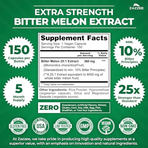 Zazzee Extracto de Melón Amargo Extra Fuerte 25:1, 10% Principios Amargos, 150 Cápsulas Veganas, 5 Meses de Suministro, Antioxidante y Soporte - imagen 2