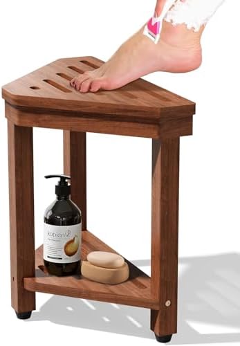 Descanso para pies de ducha de 15 pulgadas, taburete de acacia para afeitar piernas, banco de ducha con estante de almacenamiento para espacios - imagen 1