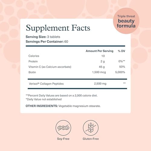 Colágeno Concentrado Youtheory con Verisol - Péptidos de Colágeno con Vitaminas C y B - Apoya Cabello, Uñas, Huesos y Articulaciones - 180 Tabletas - imagen 2