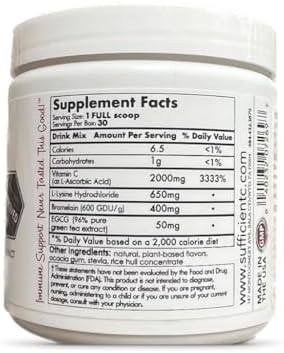 Mezcla de Bebida Sufficient-C Alta Dosis de Vitamina C No GMO Limón Durazno, Tamaño Conveniente de 125 Gr con L-lisina, Bromelina y Extracto Premium - imagen 3