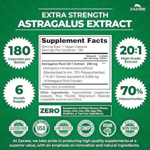 Zazzee Extracto de Raíz de Astrágalo Extra Fuerte 20:1, 70% Polisacáridos, 180 Cápsulas Veganas, Suplemento Herbal para el Sistema Inmunológico, - imagen 2