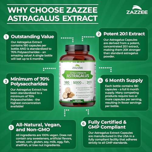 Zazzee Extracto de Raíz de Astrágalo Extra Fuerte 20:1, 70% Polisacáridos, 180 Cápsulas Veganas, Suplemento Herbal para el Sistema Inmunológico, - imagen 6