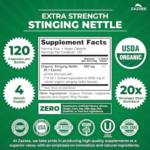 Zazzee Extracto de Hoja de Ortiga Orgánica USDA 20:1, 120 Cápsulas Veganas, Suplemento Herbal para Bienestar Respiratorio e Inmunológico, Hecho en - imagen 3